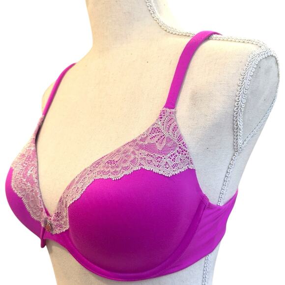 VICTORIA'S SECRET Pink Lined Perfect Coverage Bra Solid Lace Womens 32D - Picture 2 of 6
